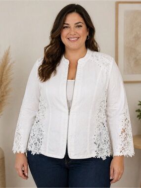 INC International Concepts White Linen Lace Jacket Blazer 2X Plus Size Zip Front